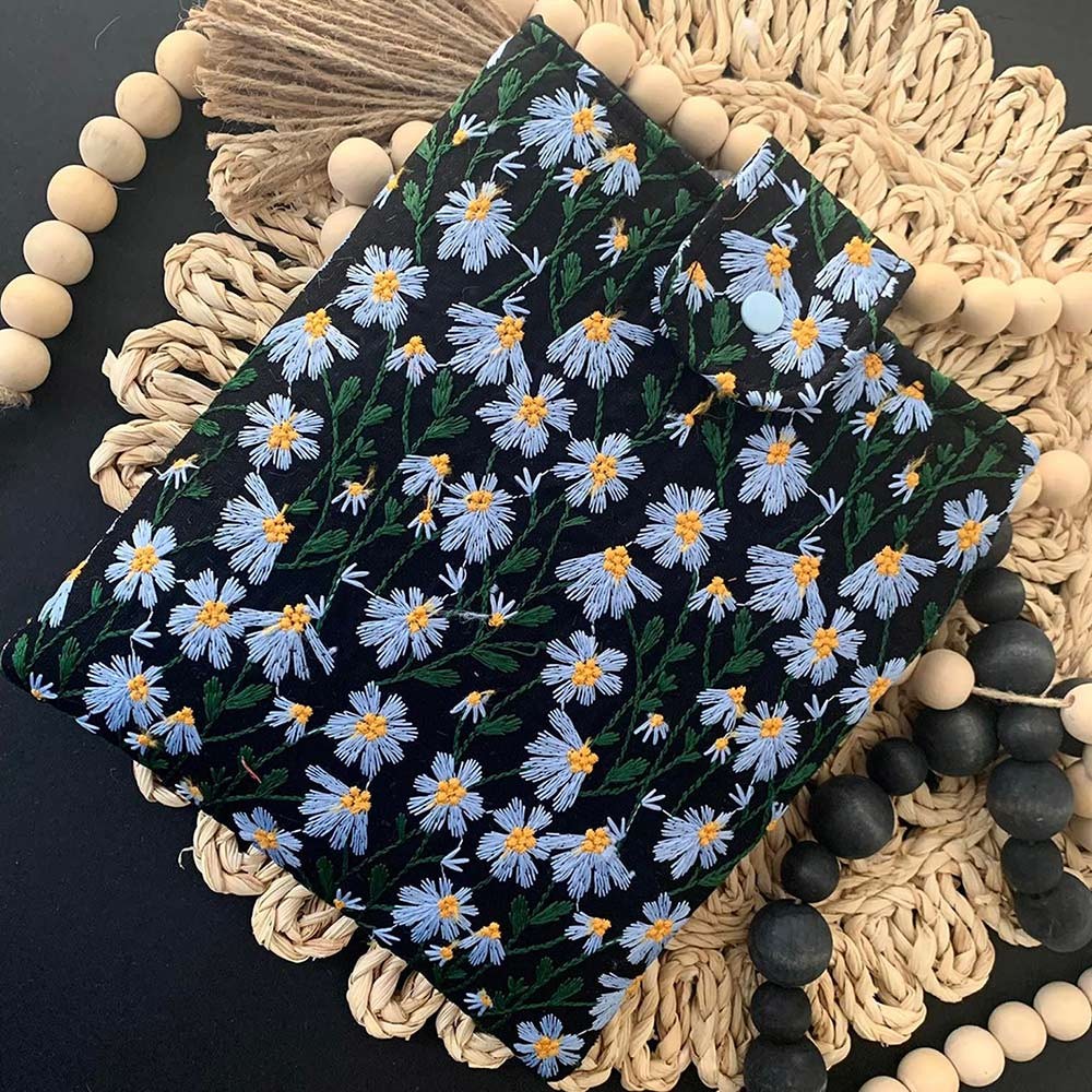 Blue Black Daisy Embroidered Book Sleeve,bookish gifts.