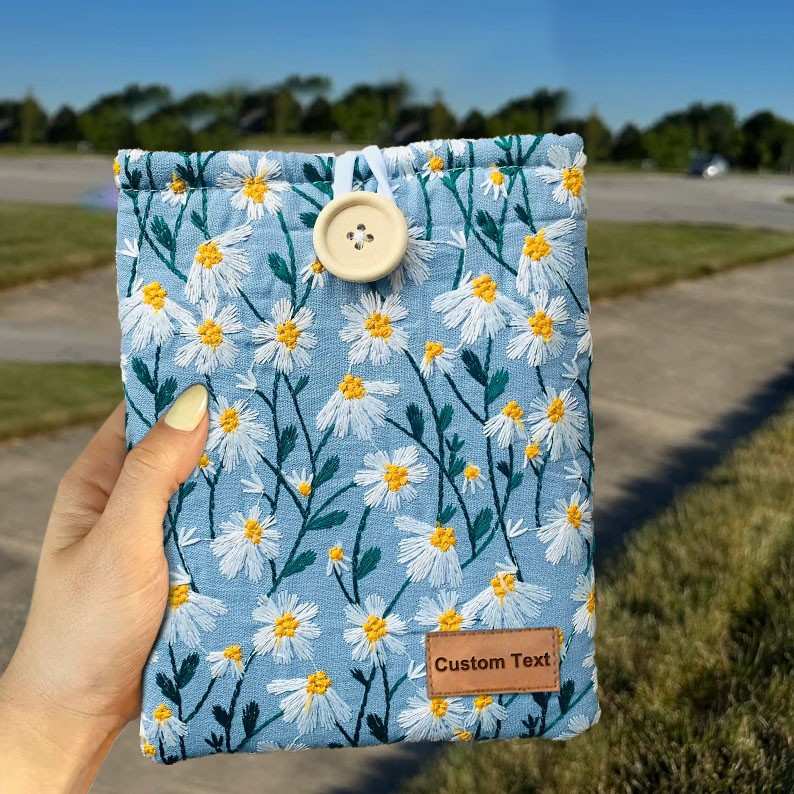 Blue Floral Embroidered Kindle Sleeve,bookish gifts.