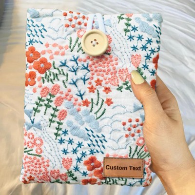 Blue Pink Floral Embroidered Kindle Sleeve,bookish gifts.